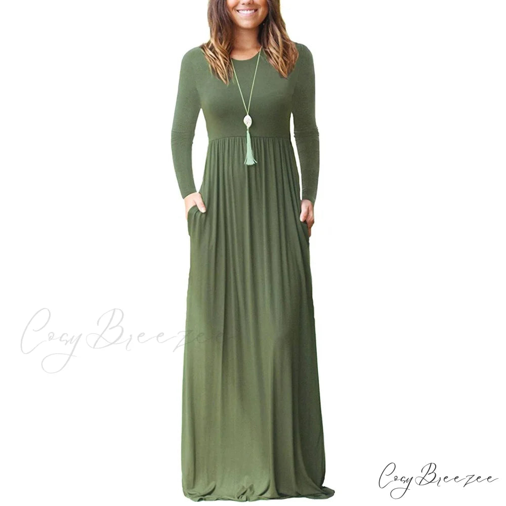 Women’s Long Sleeve Maxi Dress with Pockets Army Green / S