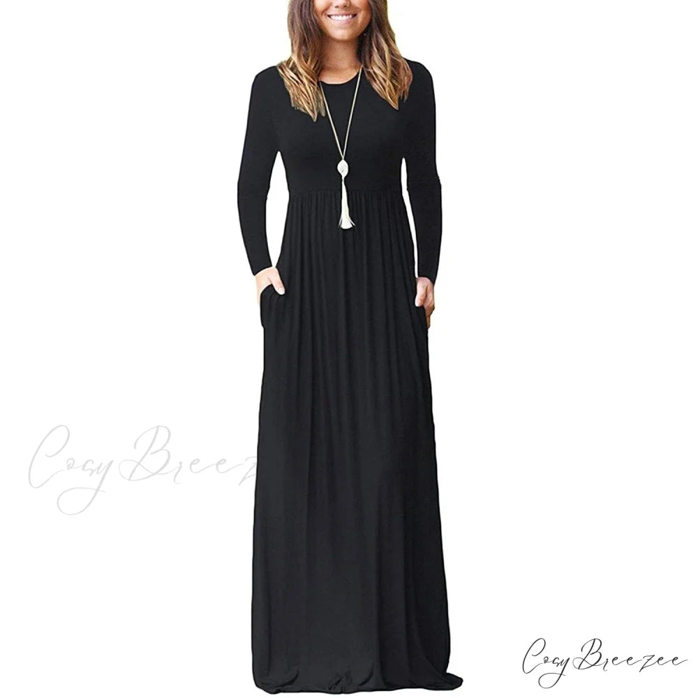 Women’s Long Sleeve Maxi Dress with Pockets Black / S