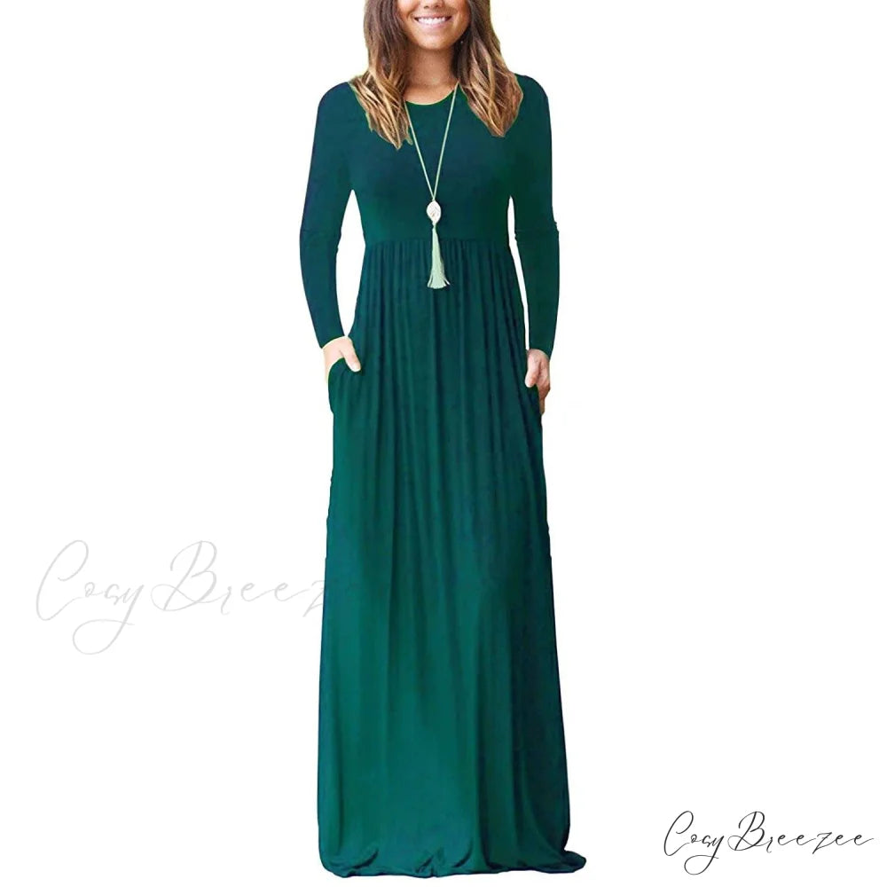 Women’s Long Sleeve Maxi Dress with Pockets Dark Green / S