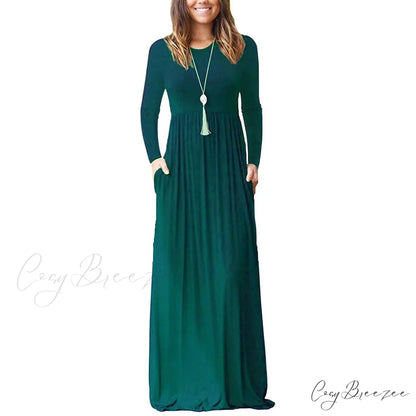 Women’s Long Sleeve Maxi Dress with Pockets Dark Green / S