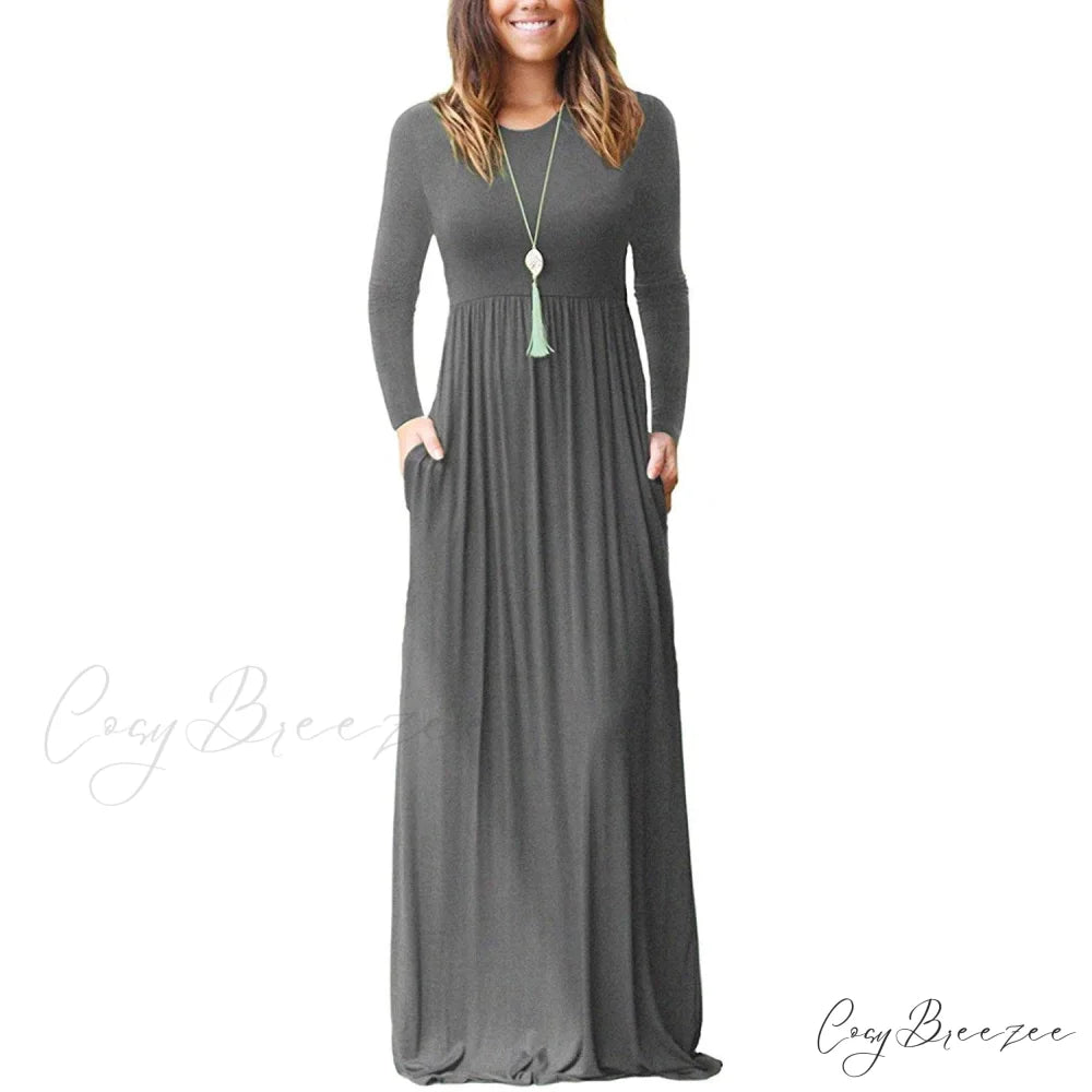 Women’s Long Sleeve Maxi Dress with Pockets Gray / S