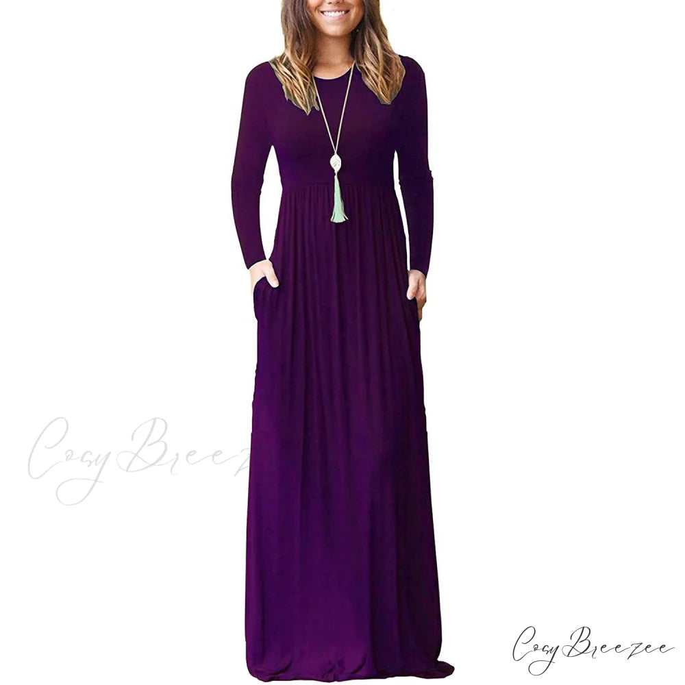 Women’s Long Sleeve Maxi Dress with Pockets Purple / S