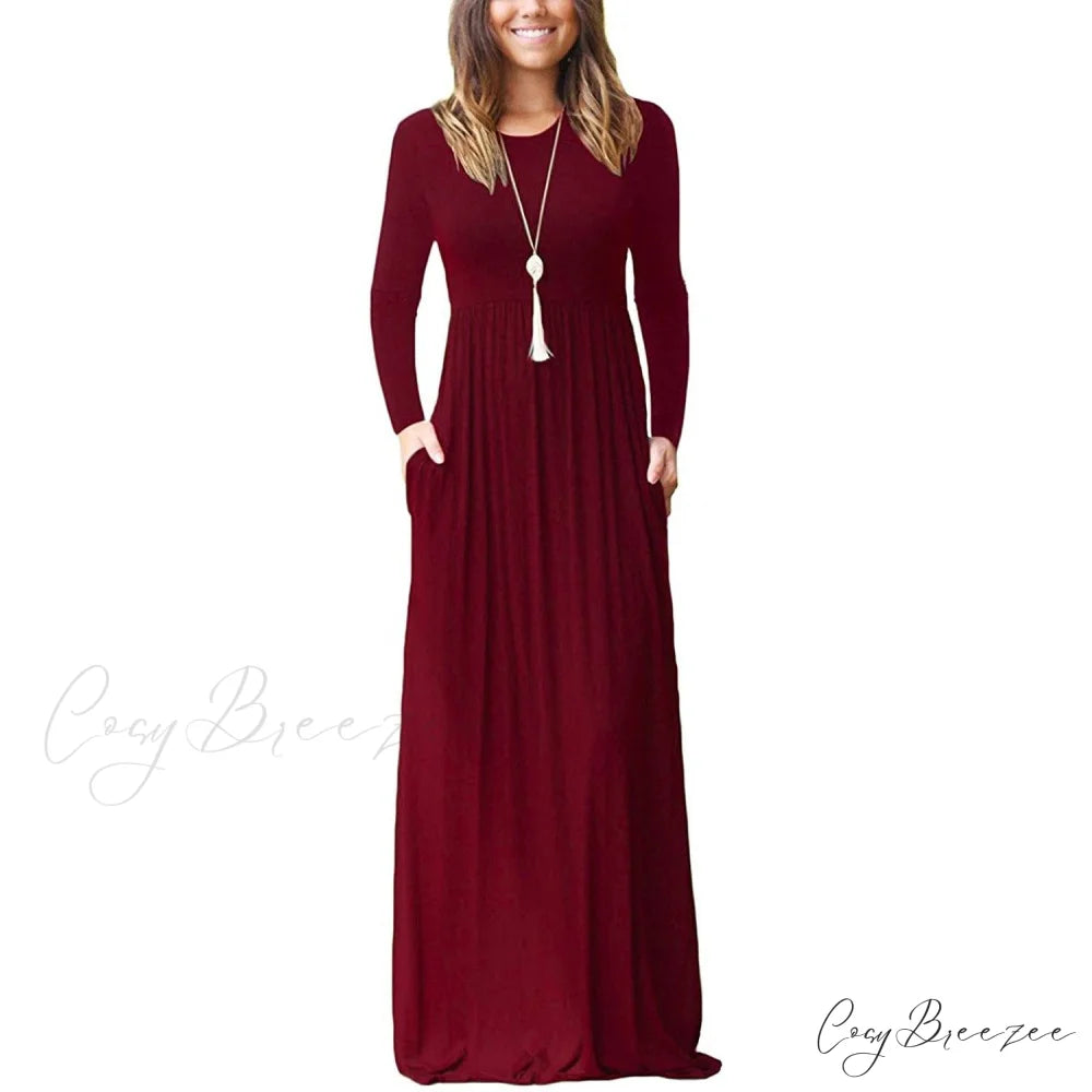 Women’s Long Sleeve Maxi Dress with Pockets Wine Red / S
