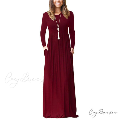 Women’s Long Sleeve Maxi Dress with Pockets Wine Red / S