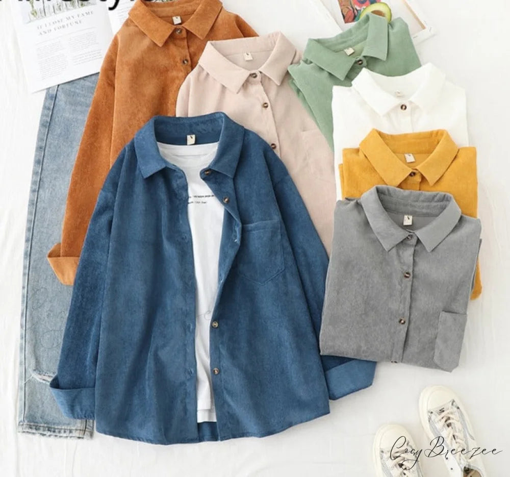 Women’s Long Up White Arm Corduroy Tunic Button - Blouse Top