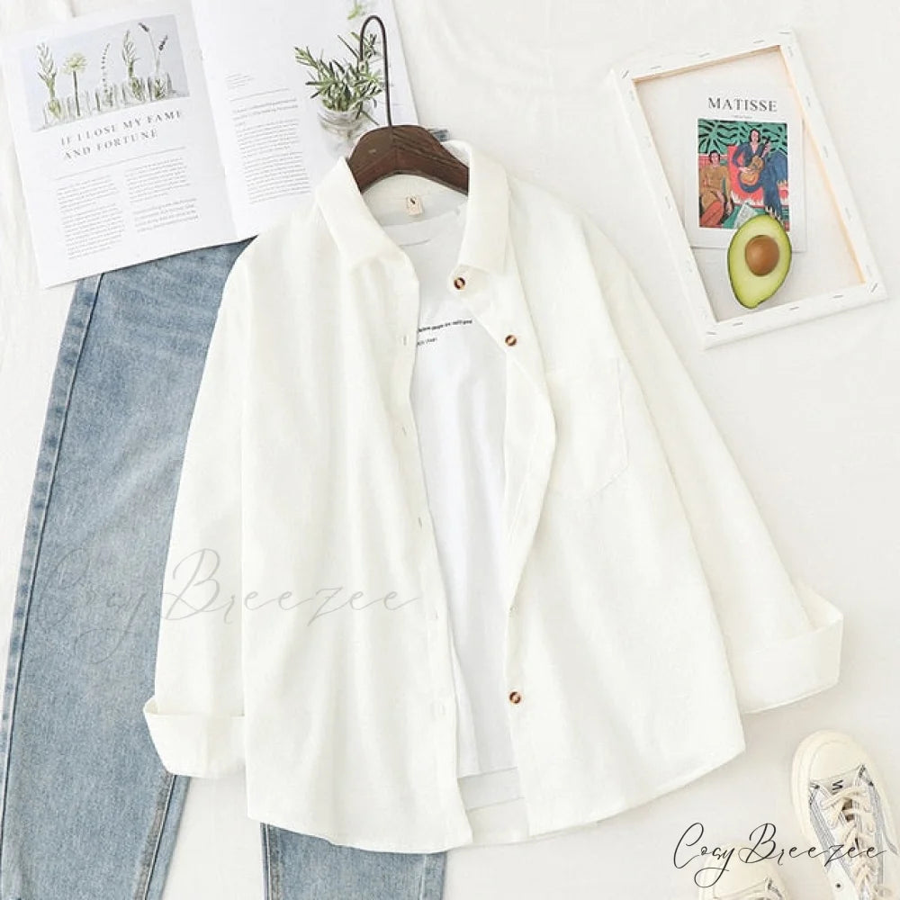 Women’s Long Up White Arm Corduroy Tunic Button - Blouse Top XL / White