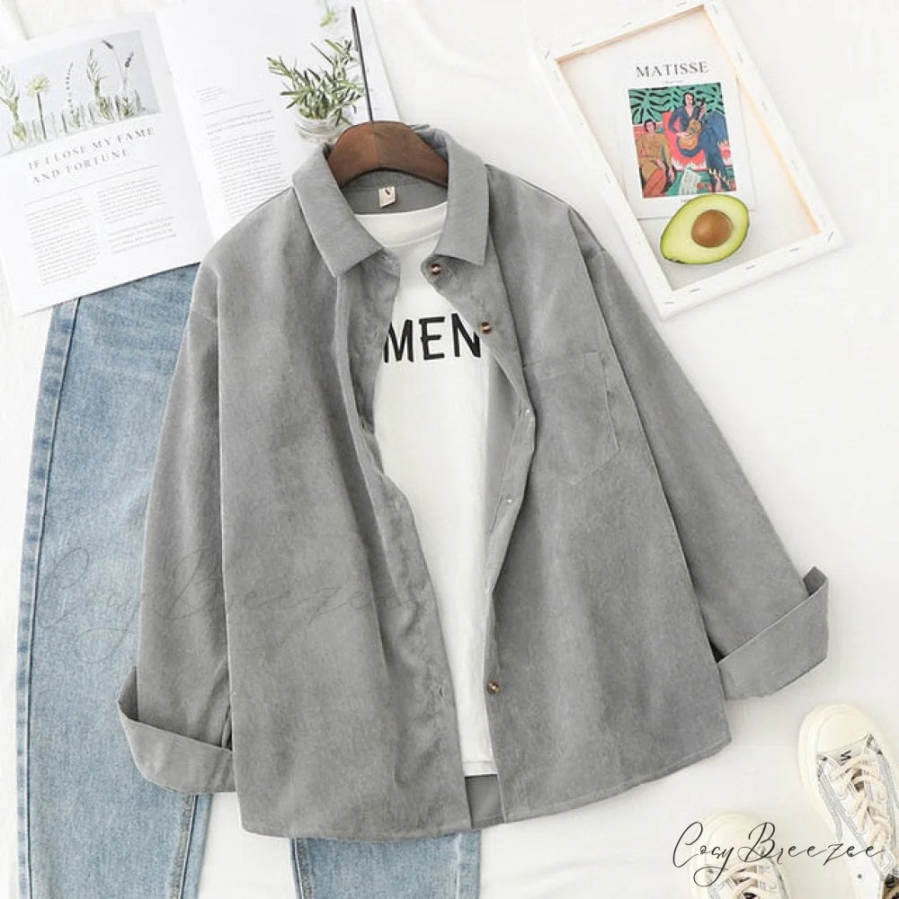 Women’s Long Up White Arm Corduroy Tunic Button - Blouse Top XL / Gray