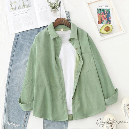 Women’s Long Up White Arm Corduroy Tunic Button - Blouse Top XL / Green