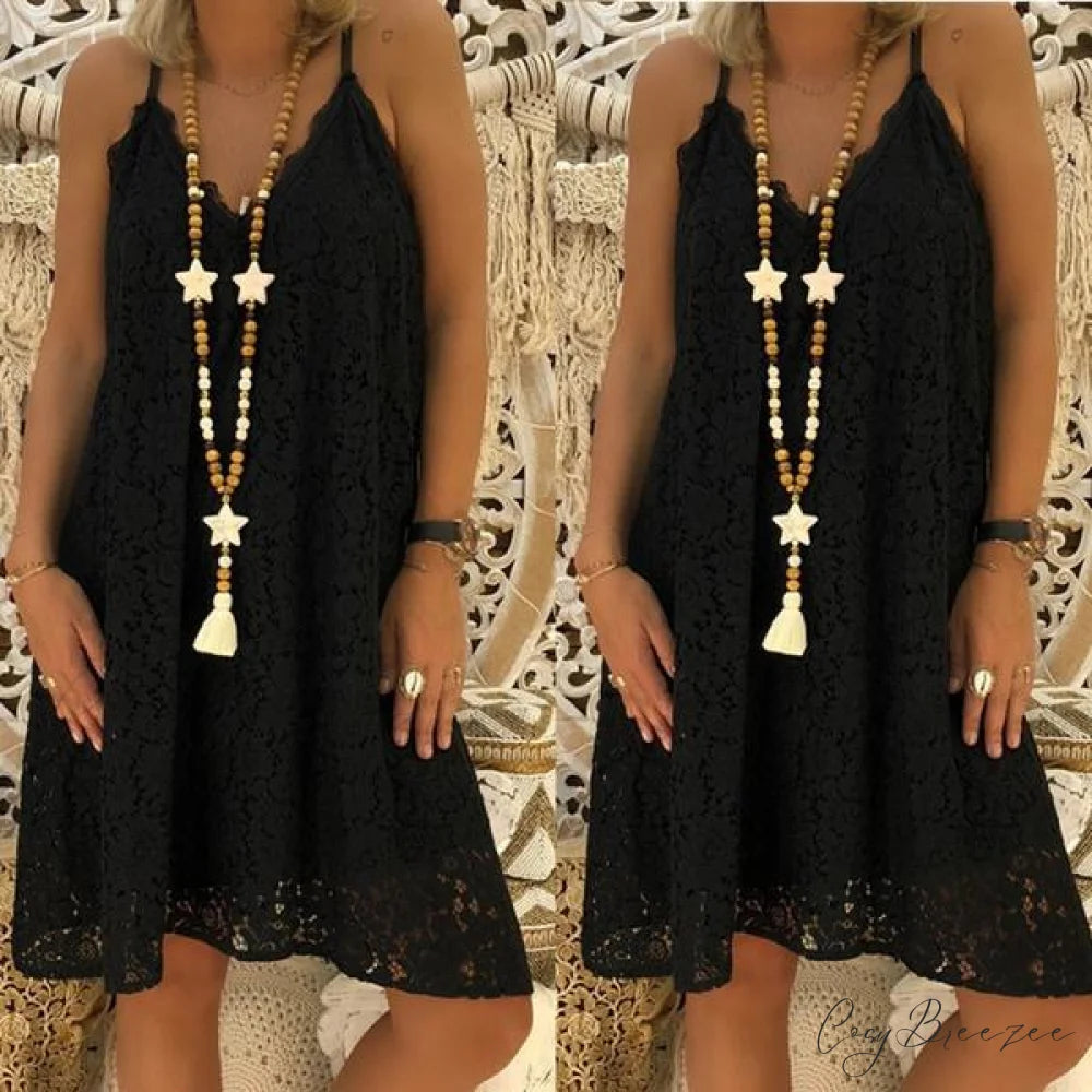 Women’s Loose V-neck Sling Sleeveless Dress for Summer Black / S