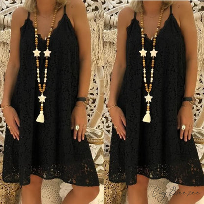 Women’s Loose V-neck Sling Sleeveless Dress for Summer Black / S