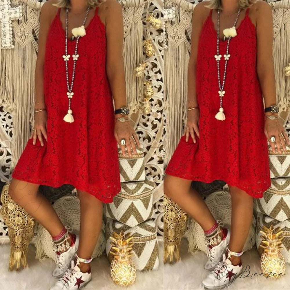 Women’s Loose V-neck Sling Sleeveless Dress for Summer Red / S