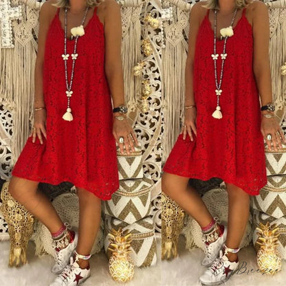 Women’s Loose V-neck Sling Sleeveless Dress for Summer Red / S