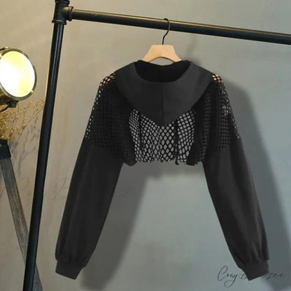 Women’s Mesh with Out Hoodie Black Crop Top Hollow Patchwork