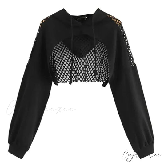 Women’s Mesh with Out Hoodie Black Crop Top Hollow Patchwork