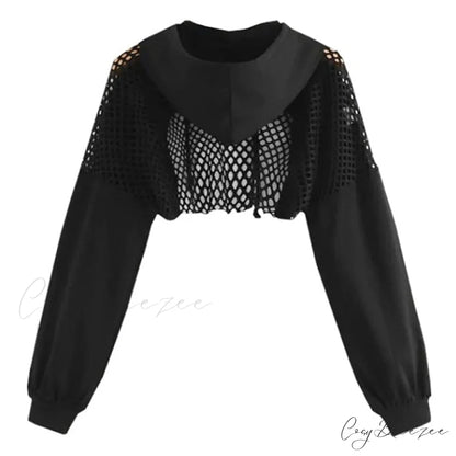 Women’s Mesh with Out Hoodie Black Crop Top Hollow Patchwork black / S