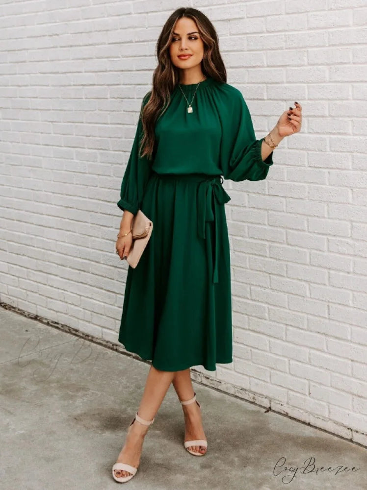 Women’s O Neck Elegant Half Sleeve Big Swing Party Dress S / GREEN