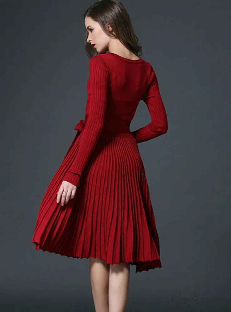 Women’s Office Dress with Decorative Sash and V-Neck in Solid Color