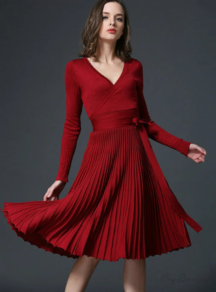 Women’s Office Dress with Decorative Sash and V-Neck in Solid Color