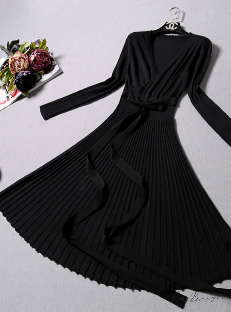Women’s Office Dress with Decorative Sash and V-Neck in Solid Color