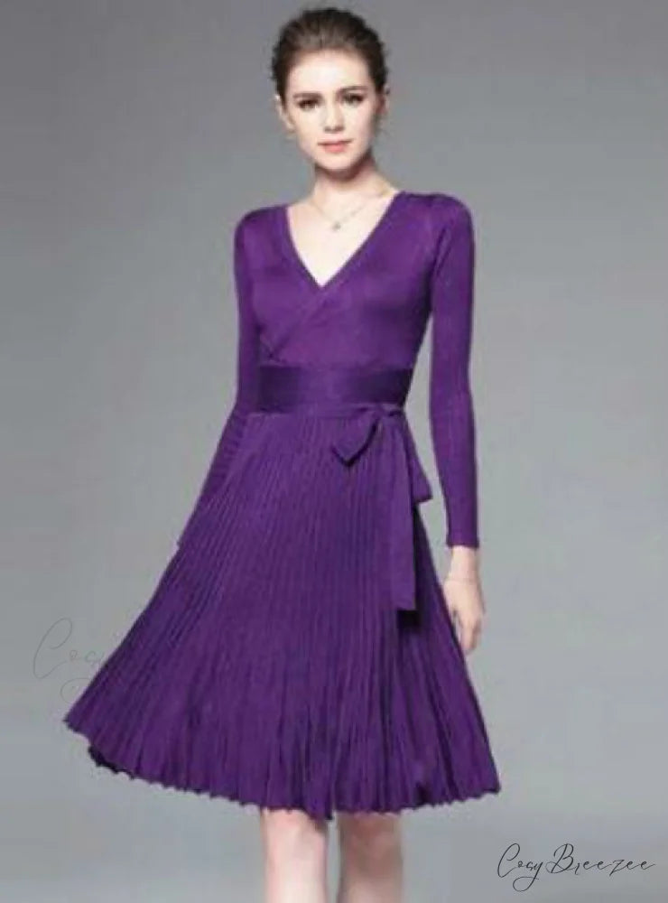 Women’s Office Dress with Decorative Sash and V-Neck in Solid Color