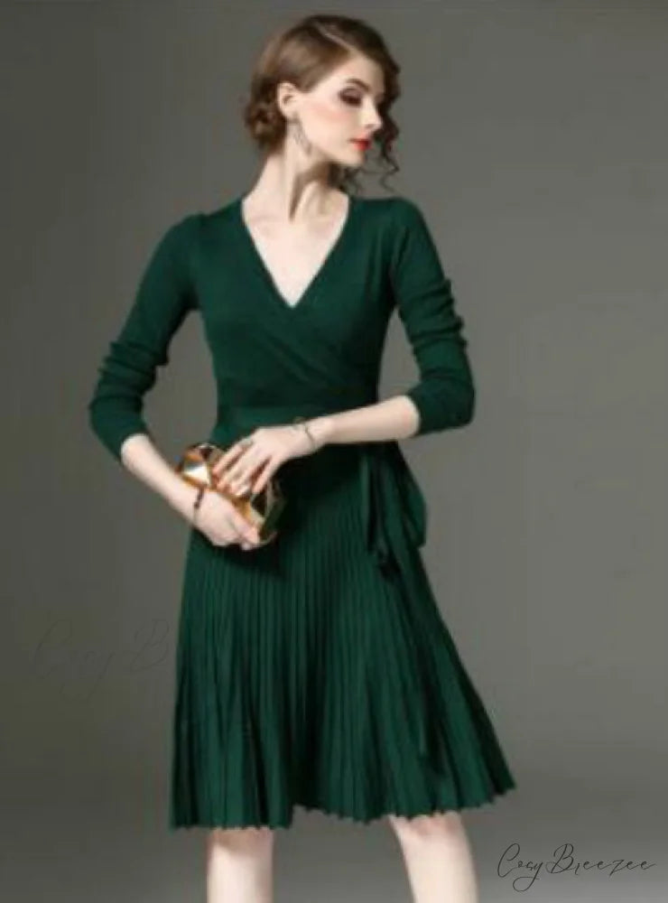 Women’s Office Dress with Decorative Sash and V-Neck in Solid Color