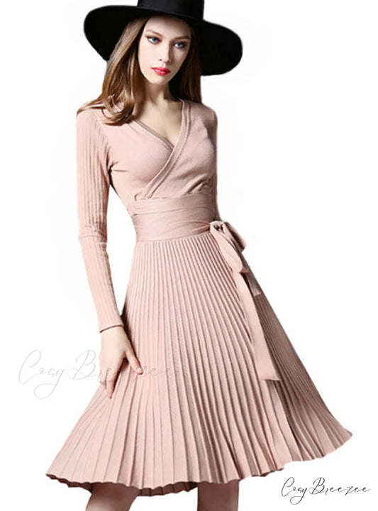 Women’s Office Dress with Decorative Sash and V-Neck in Solid Color