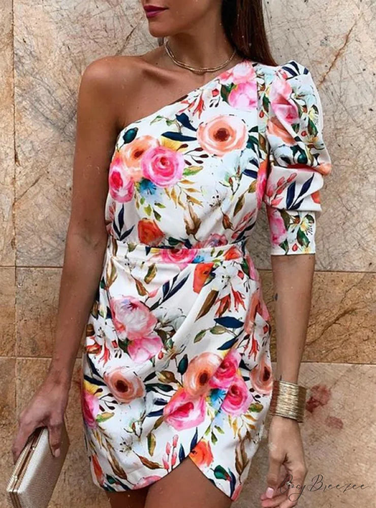 Women’s One Shoulder Floral Print Bodycon Dress