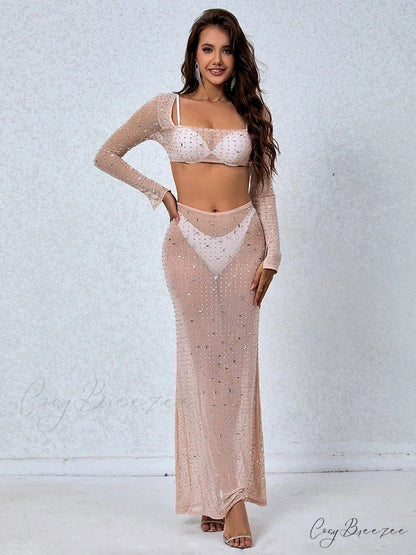 Women’s Perspective Mesh Crystal Two Piece Set Square Neck Christmas Party Dress