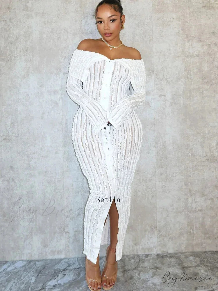 Women’s Pleated Off Shoulder See-Through Fitted Ruched Party Night Sexy Midi Dress