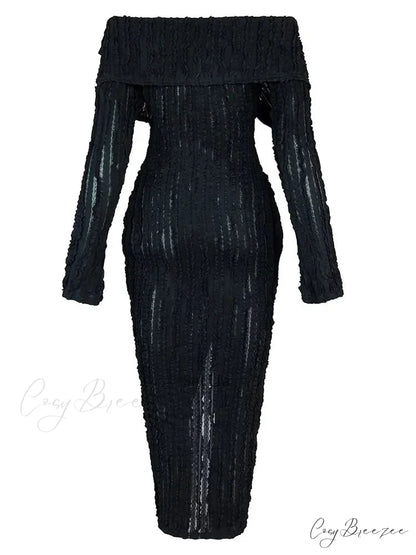 Women’s Pleated Off Shoulder See-Through Fitted Ruched Party Night Sexy Midi Dress