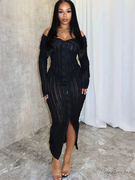 Women’s Pleated Off Shoulder See-Through Fitted Ruched Party Night Sexy Midi Dress Black / S