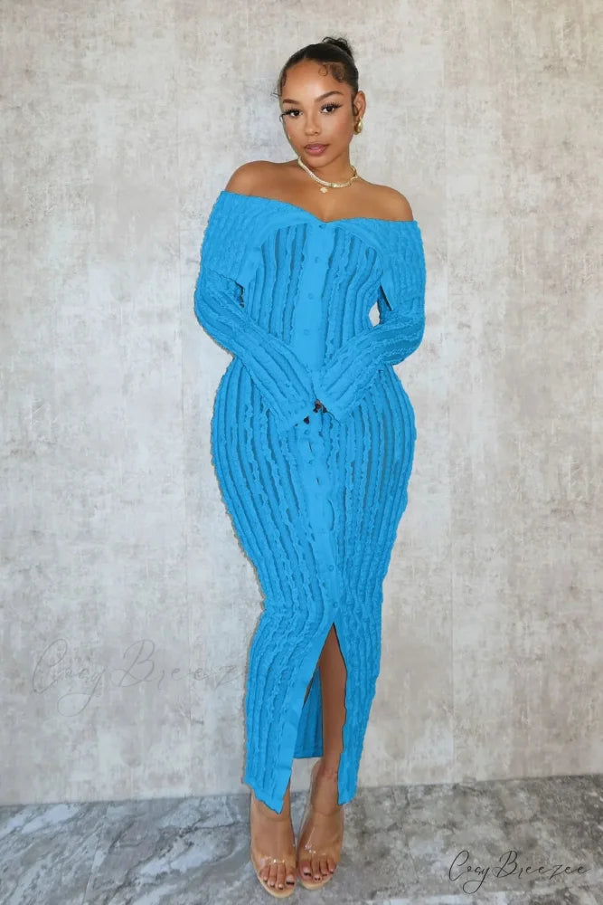 Women’s Pleated Off Shoulder See-Through Fitted Ruched Party Night Sexy Midi Dress Blue / S
