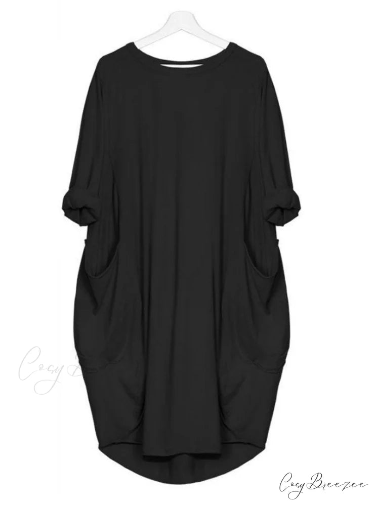 Womens Pocket Loose Dress Crew Neck S / Black