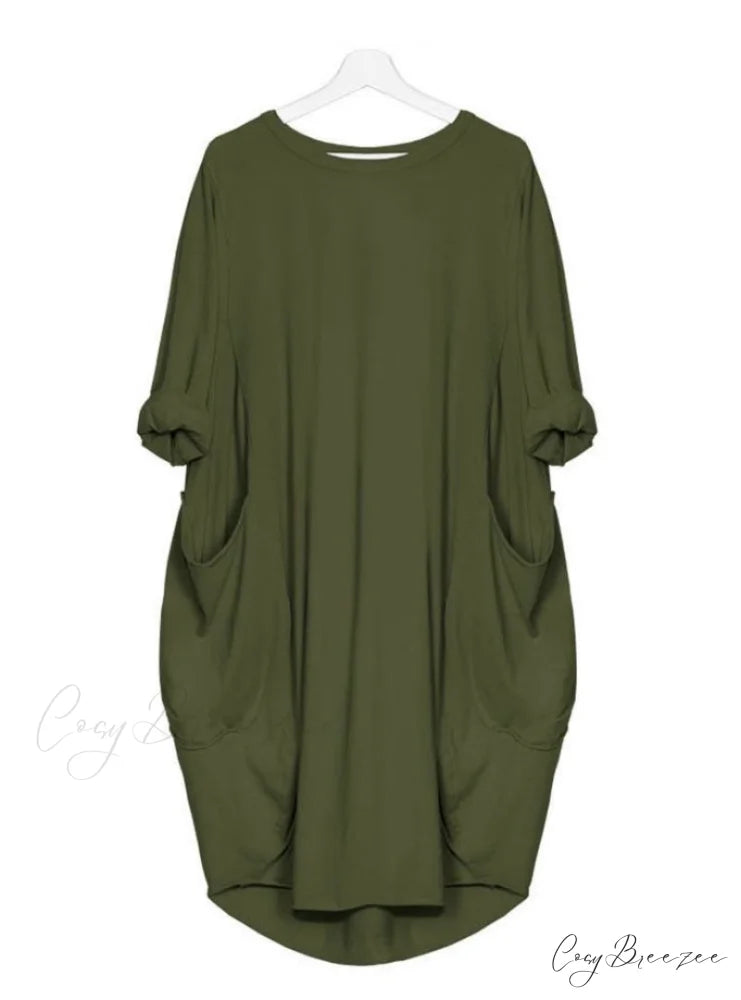 Womens Pocket Loose Dress Crew Neck S / Gray