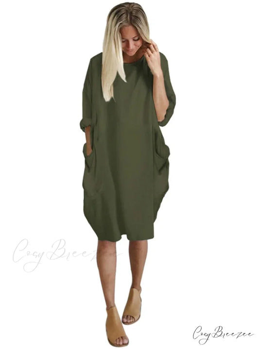 Womens Pocket Loose Dress Crew Neck S / Green
