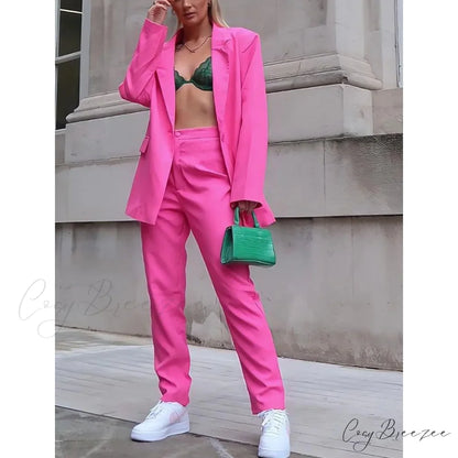Women’s Regular Pocket Coat Formal Fashion Suit Rose Red / S