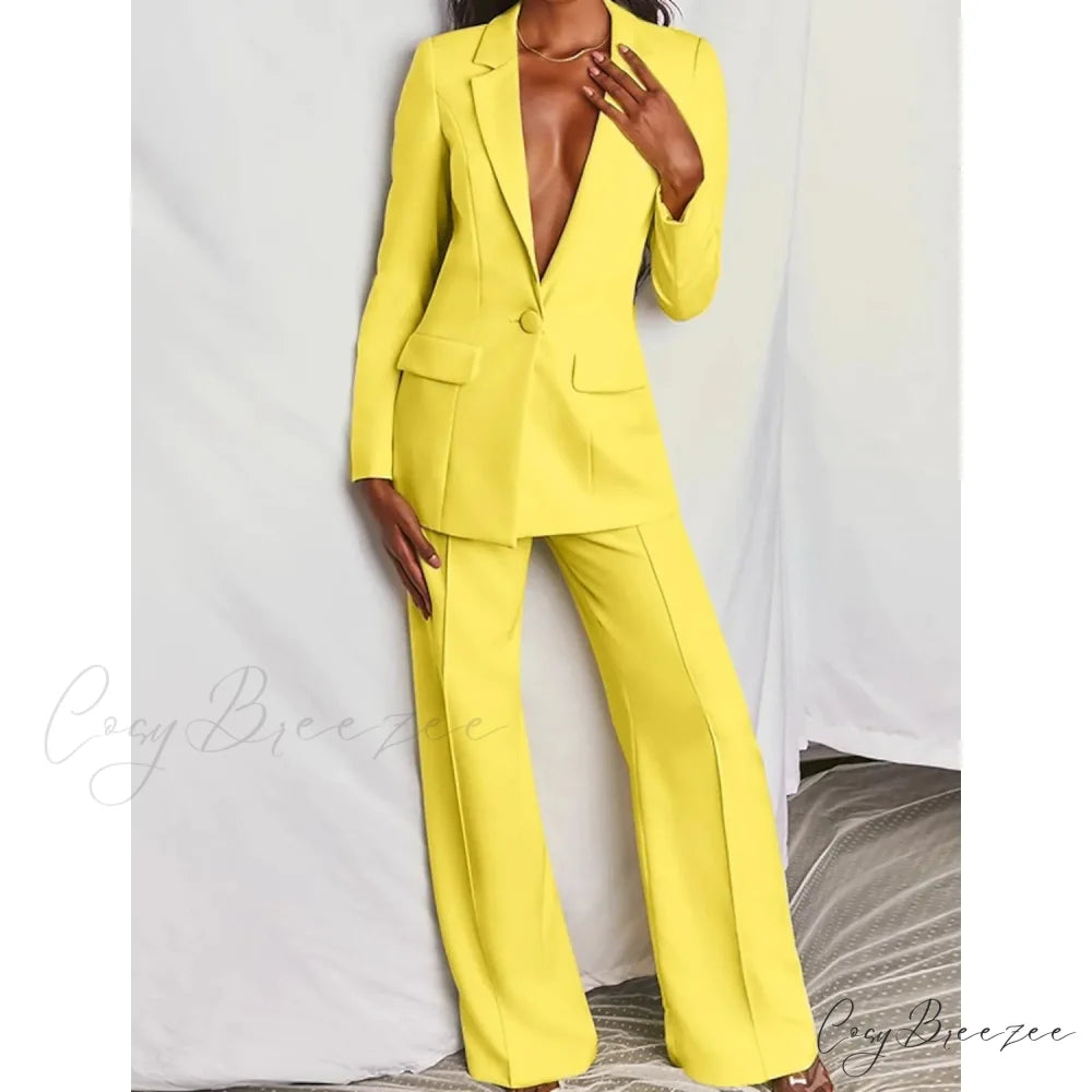 Women’s Regular Pocket Coat Formal Fashion Suit Yellow / S