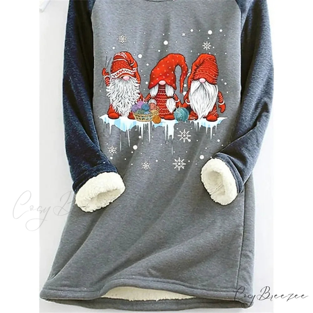 Women’s Round Christmas Neck Fleece Long Sweatshirt - Sherpa Graphic Gray Green Teddy Pink Sleeve