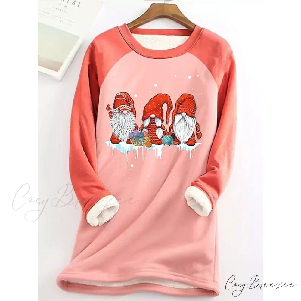 Women’s Round Christmas Neck Fleece Long Sweatshirt - Sherpa Graphic Gray Green Teddy Pink Sleeve Pink / S