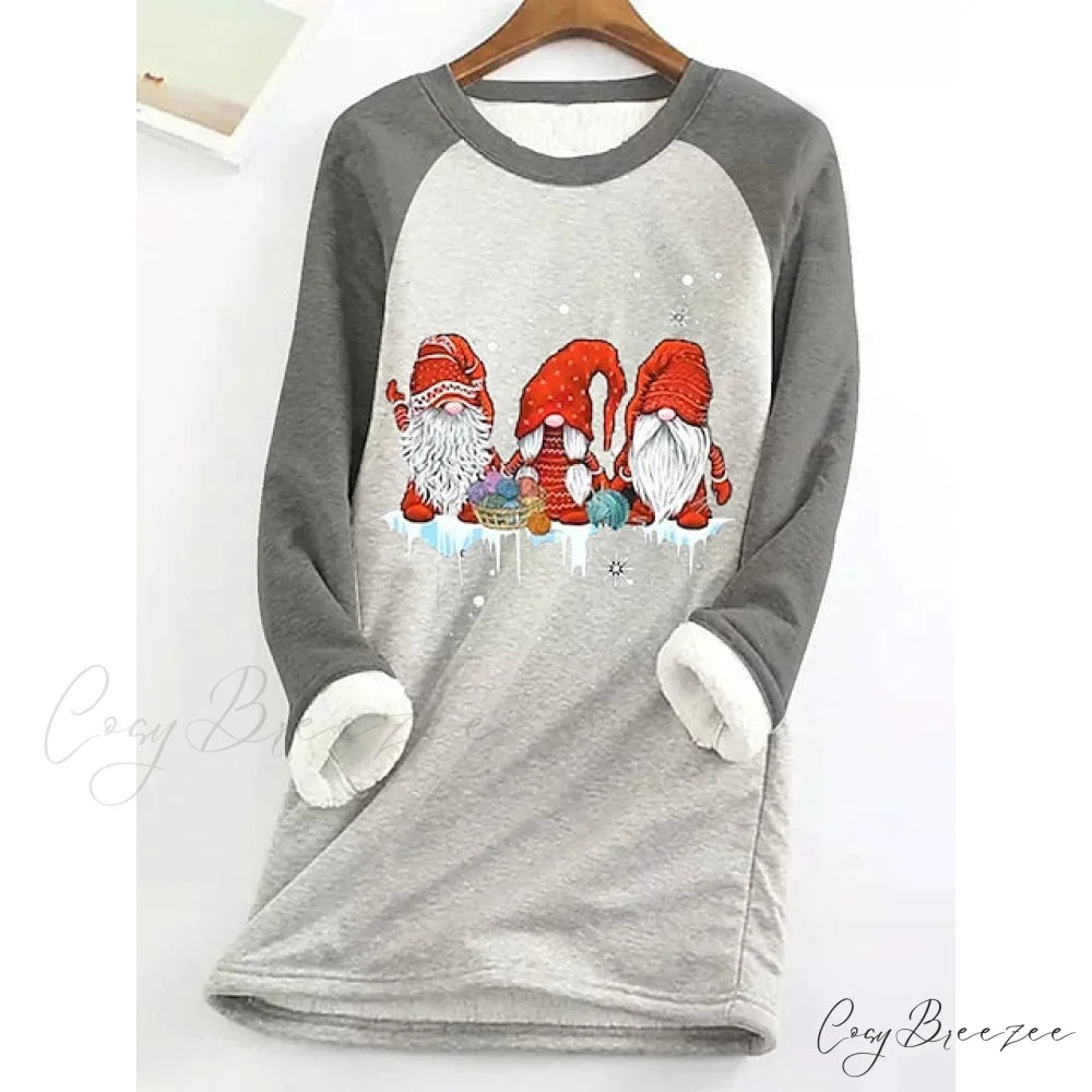 Women’s Round Christmas Neck Fleece Long Sweatshirt - Sherpa Graphic Gray Green Teddy Pink Sleeve Green / S