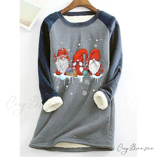 Women’s Round Christmas Neck Fleece Long Sweatshirt - Sherpa Graphic Gray Green Teddy Pink Sleeve Gray / S