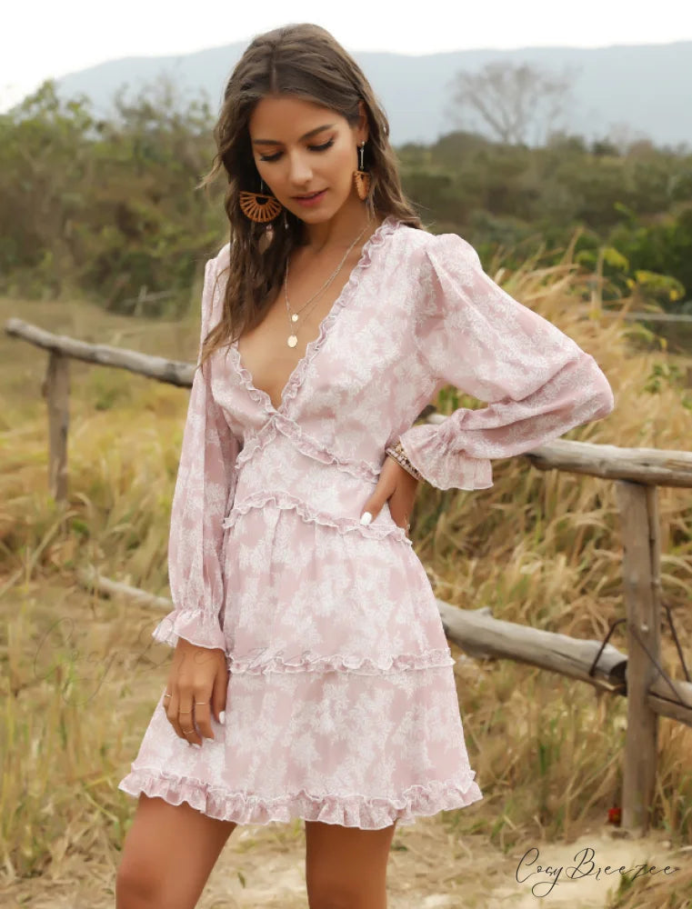 Women’s Ruffles Chiffon Dress - Boho V-Neck Mini Beach Dress with Long Lantern Sleeves L / WHITE