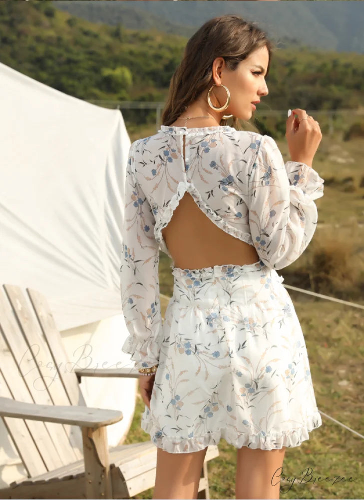 Women’s Ruffles Chiffon Dress - Boho V-Neck Mini Beach Dress with Long Lantern Sleeves M / WHITE