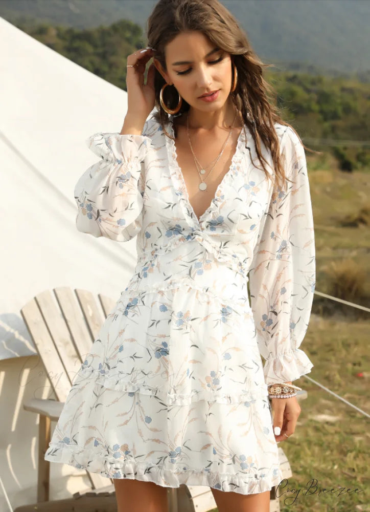 Women’s Ruffles Chiffon Dress - Boho V-Neck Mini Beach Dress with Long Lantern Sleeves S / PINK