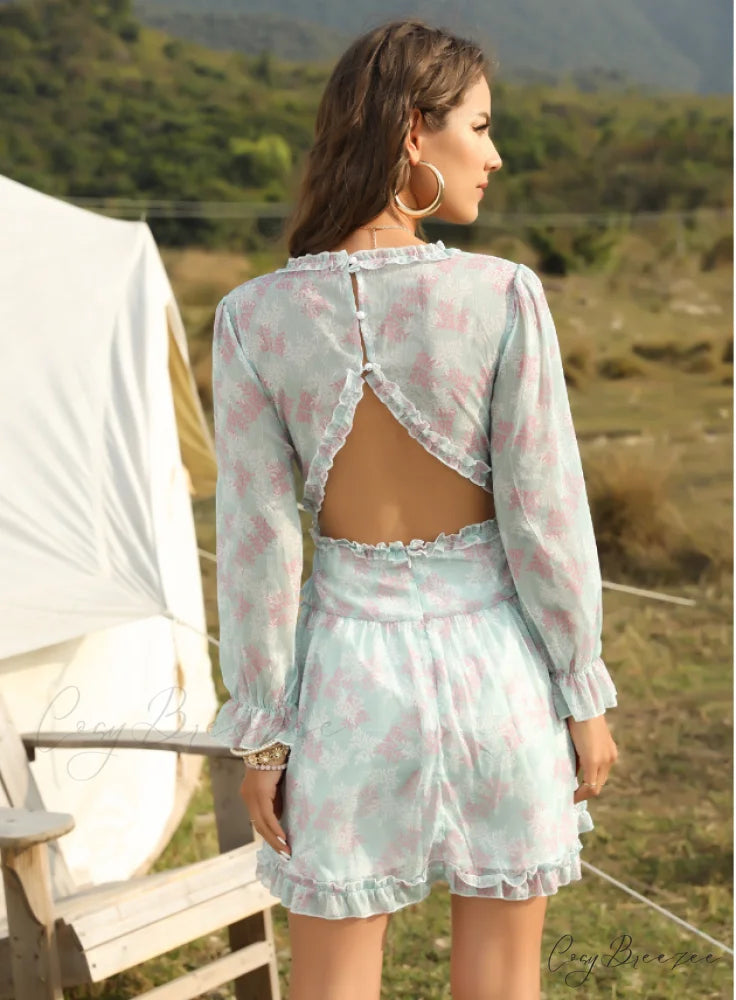 Women’s Ruffles Chiffon Dress - Boho V-Neck Mini Beach Dress with Long Lantern Sleeves XL / WHITE