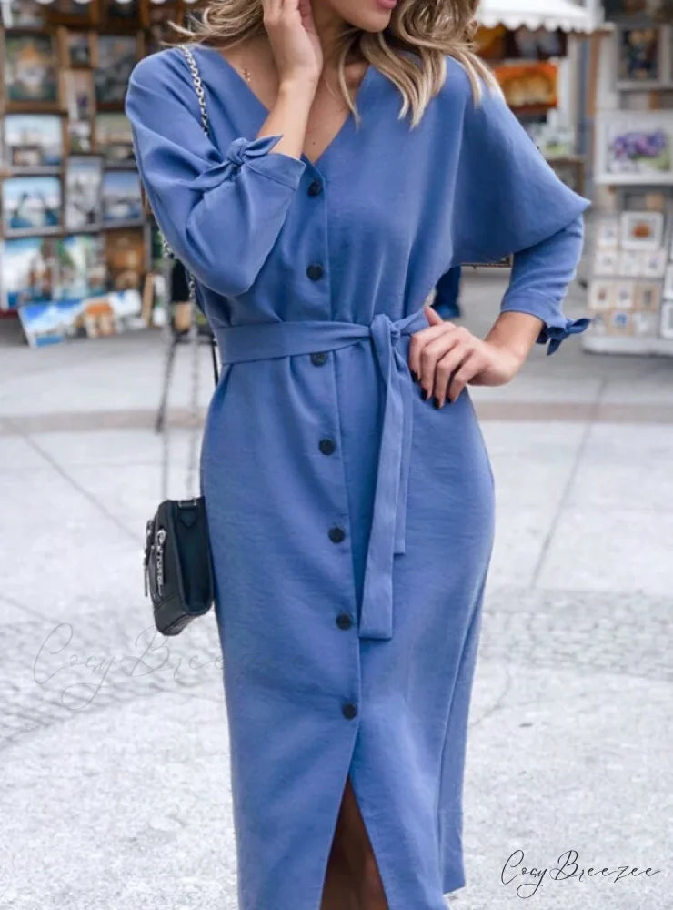 WOMEN’S SASH BUTTON CASUAL OFFICE DRESS S / BLUE