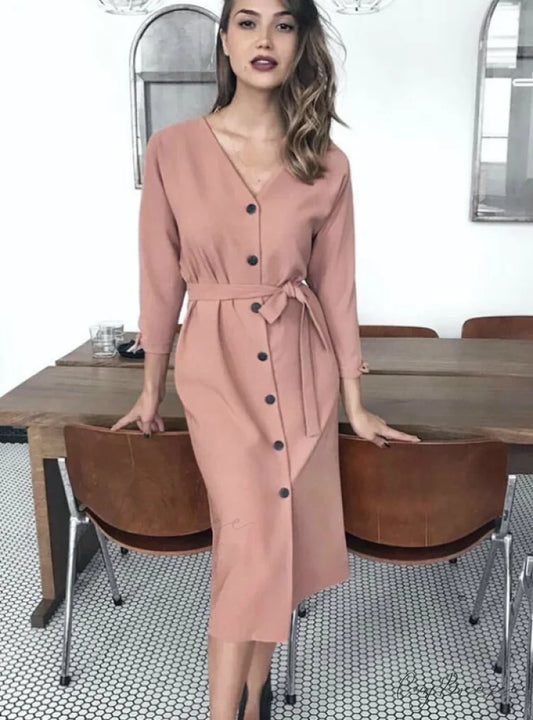 WOMEN’S SASH BUTTON CASUAL OFFICE DRESS S / PINK
