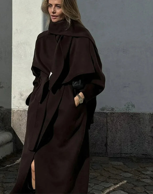Womens Scarf Collar Woolen Belted Coat Coffee color / S overcoats-241228