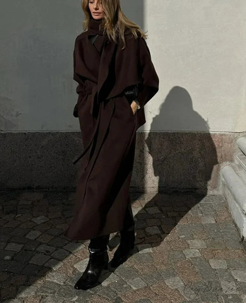 Womens Scarf Collar Woolen Belted Coat overcoats-241228