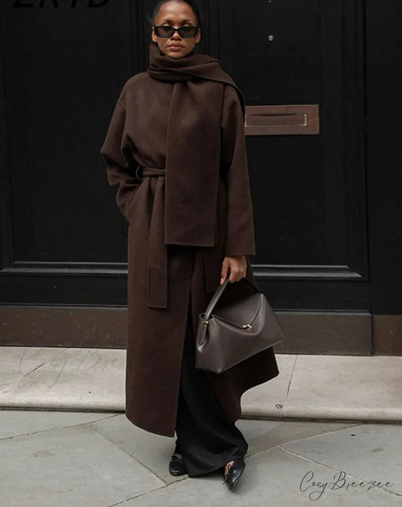 Womens Scarf Collar Woolen Belted Coat overcoats-241228